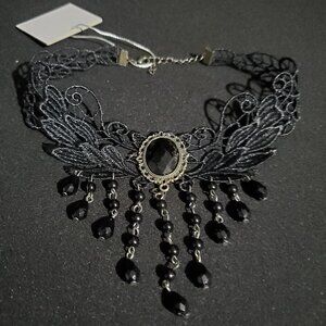 NWT - Goth Black Tassel Lace Choker Necklace